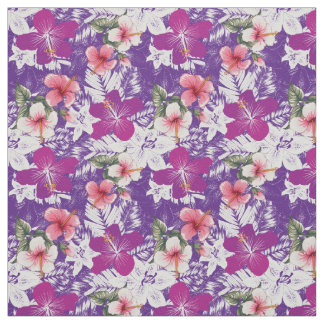 Tela Hibiscus floral impresión púrpura rosa blanco y ve