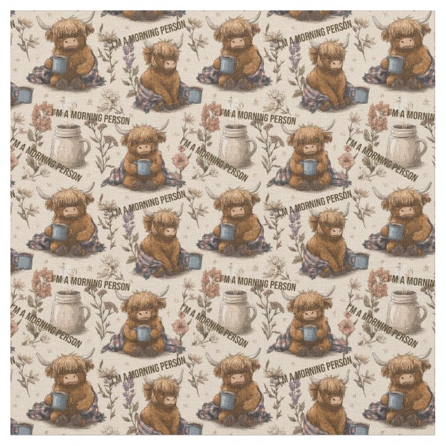 Tela Highland Cow Morning Coffee Cozy Farmhouse Pattern (De cerca)