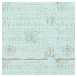 Tela Hoja musical náutica verde azulada del vintage