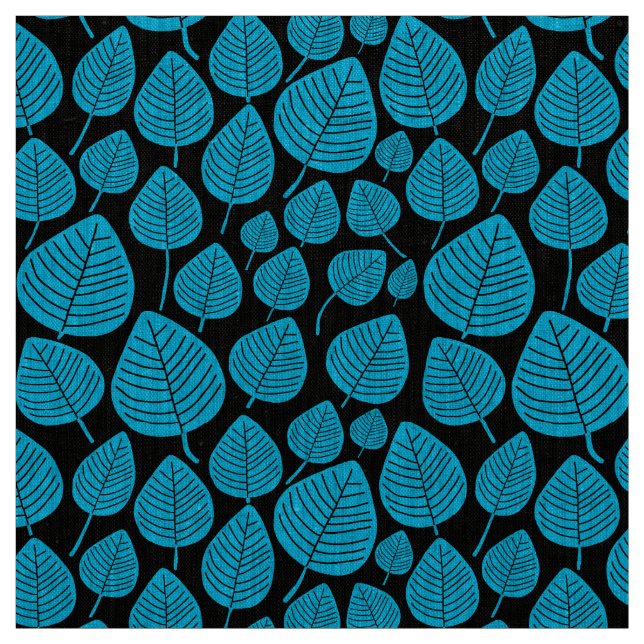 Tela Hojas - Azul Celeste sobre Negro (Retal)