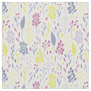 Tela Hojas botánicas simples en azul morado y amarillo