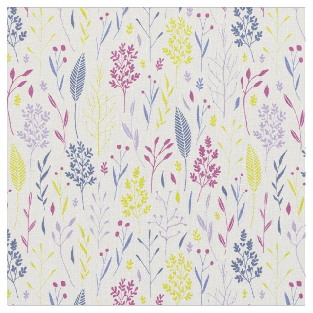 Tela Hojas botánicas simples en azul morado y amarillo (De cerca)