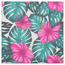 Hojas de Monstera e Hibiscus, rosa Verde azulado e