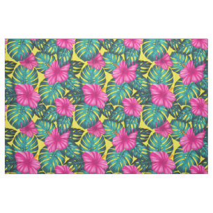 Tela Hojas de Monstera e Hibiscus, rosa Verde azulado e