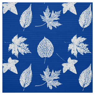 Tela Hojas de otoño - azul cobalto y blanco