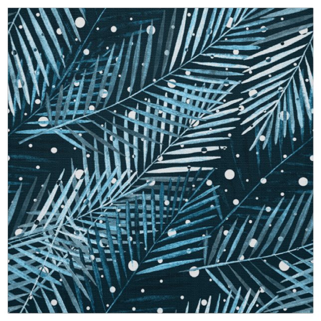 Tela Hojas de palma en azul con puntos de polka blanco. (Retal)