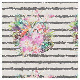 Tela hojas florales tropicales y franjas flamencas