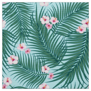 Tela Hojas tropicales verdes con flores de hibiscus