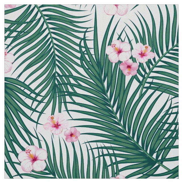 Tela Hojas tropicales verdes con flores de hibiscus (Retal)