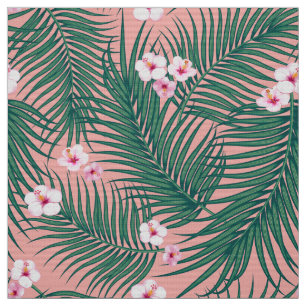 Tela Hojas tropicales verdes con flores de hibiscus