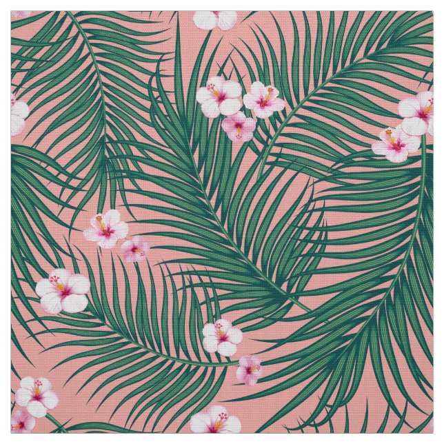 Tela Hojas tropicales verdes con flores de hibiscus (Retal)