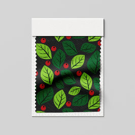 Tela Hojas verdes, bayas rojas, patrón de hojas
