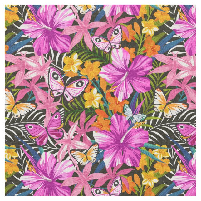 Tela Hojas y flores tropicales (De cerca)