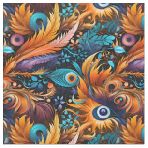 Tela Hojas y plumas azules doradas
