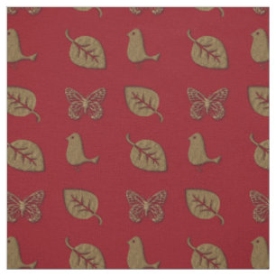 Tela Holiday Garden Golden Leaf Butfly Bird Red