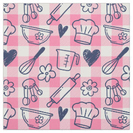 Tela Horneando Doodles en Gingham - Rosa y Azul Marino