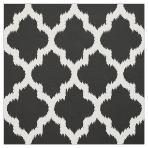 Tela Ikat de Quatrefoil blanco y fondo negro Personaliz