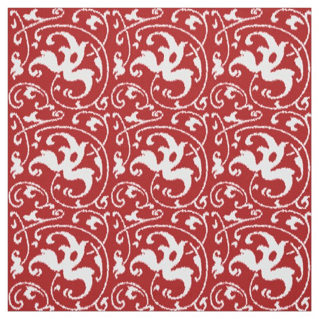Tela Ikat Floral Damask - Blanco y rojo oscuro (Retal)