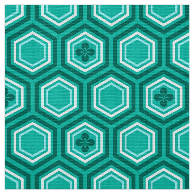 Tela Impresión de Kimono Hexagonal, Turquesa y Blanco (Retal)