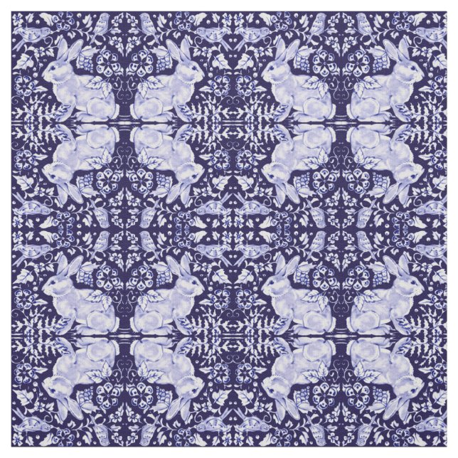 Tela Impresión pequeña de pájaro de conejo azul y blanc (Retal)