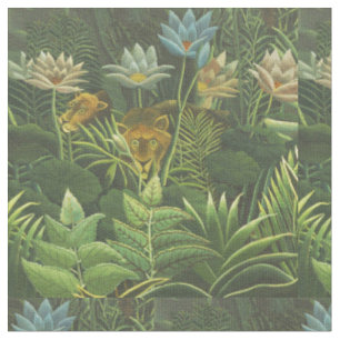 Tela Impresión vintage de león en jungla tropical de He