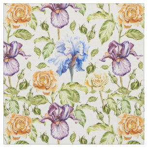 Tela Iris y rosas acuarela patrón floral