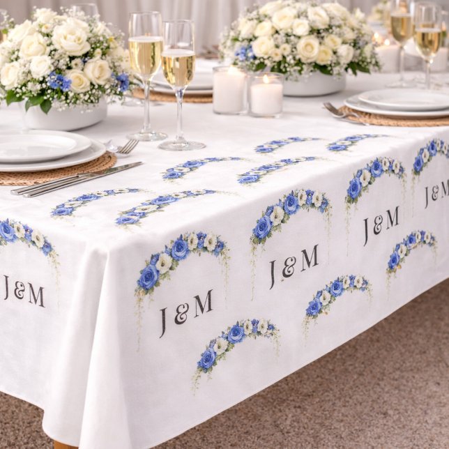 Tela Ivory Blue Floral Wedding Monogram Bride Groom (Subido por el creador)
