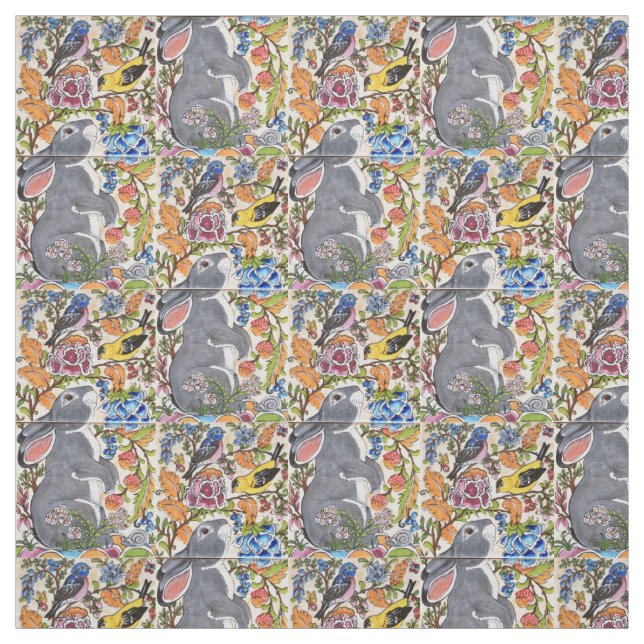Tela Jacobean Floral Bunny Rabbit Birds Designer Fabric (Retal)