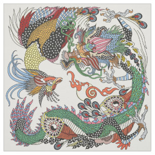 Tela Jade Dragon y Gold Phoenix jugando con una perla