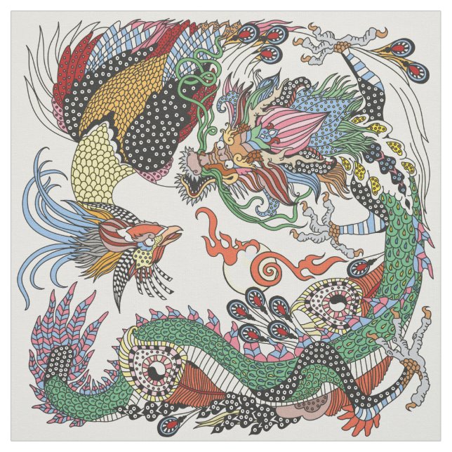 Tela Jade Dragon y Gold Phoenix jugando con una perla (Retal)