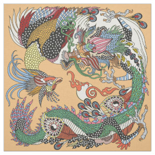 Tela Jade Dragon y Gold Phoenix jugando con una perla