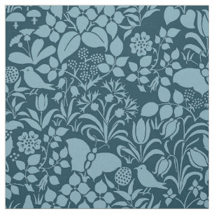 Tela Jardín con pájaros y mariposas, azul pavo real