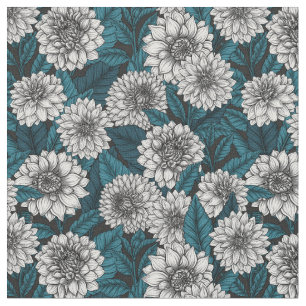 Tela Jardines Dahlia blancos/ hojas azules 2