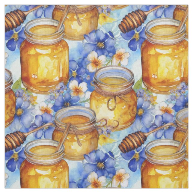 Tela Jarras acuarelas de miel con flores azules (Retal)
