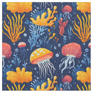 Tela Jellyfish & Coral Reef en azul