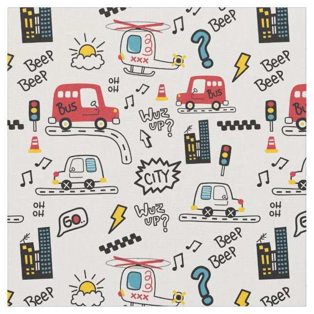 Tela Kids Playful Transport Pattern Urban style modern  (De cerca)