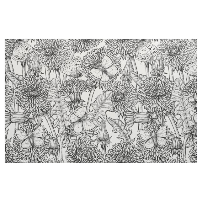Tela La pradera de Dandelion en blanco y negro ("Cuarto gordo" (fat quarter))