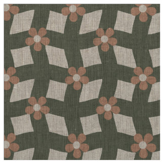 Tela Large Olive Abstract Floral Grid - Natural Linen