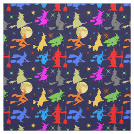 Tela Las brujas coloridas vuelan en el patrón de Hallow