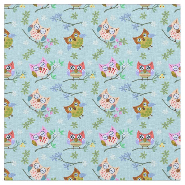 Tela Lechuzas Adorables con fondo azul (De cerca)