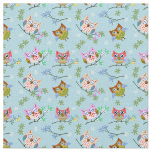 Tela Lechuzas Adorables de Fondo Azul