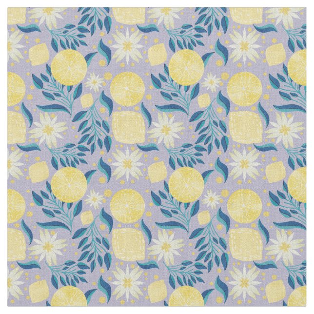 Tela Lemon Citrus Periwinkle Floral (De cerca)