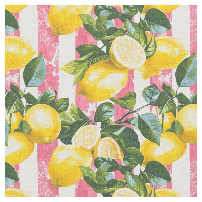 Tela Lemon Pink Stripe Cotton Fabric (De cerca)