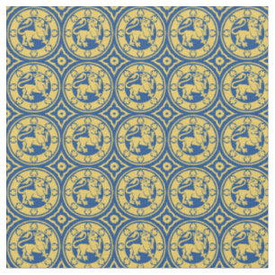 Tela Leones medievales, amarillo sobre azul
