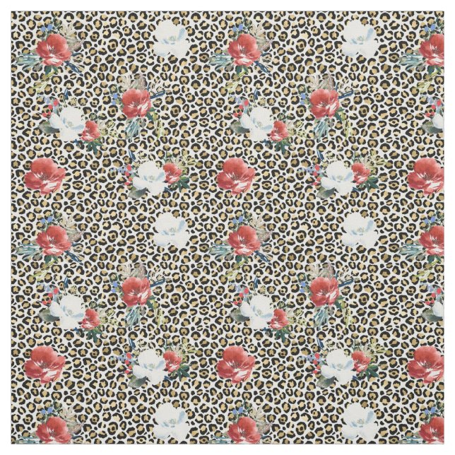 Tela Leopardo negro dorado Imprimir flores blancas roja (Retal)
