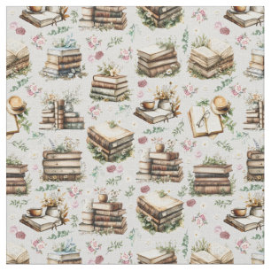 Tela Libros Antiguos y Flores sobre Gris Claro
