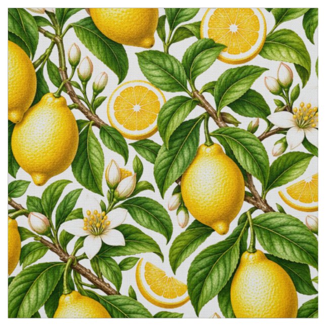 Tela Limones botánicos y flores blancas (Retal)