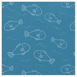 Tela Lindo estampado de pez blanco sobre azul océano