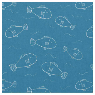 Tela Lindo estampado de pez blanco sobre azul océano
