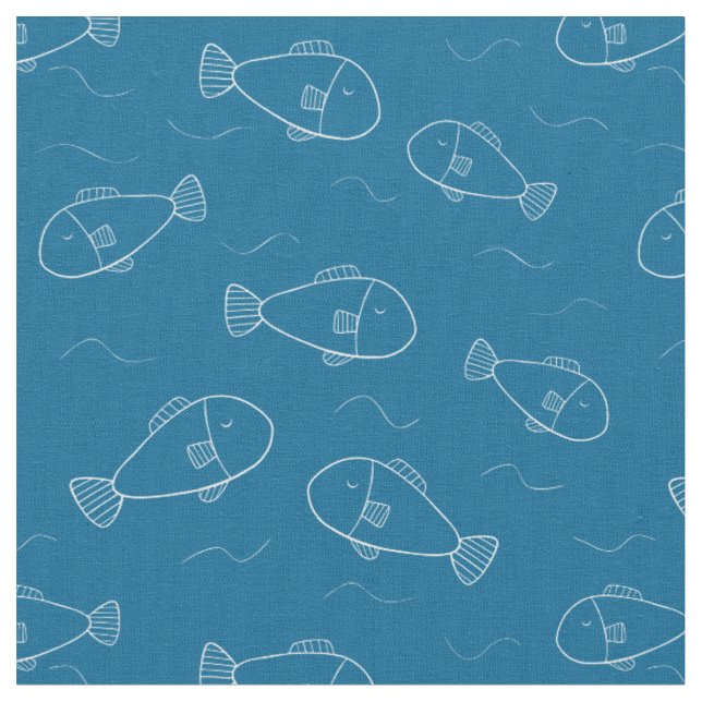 Tela Lindo estampado de pez blanco sobre azul océano (De cerca)